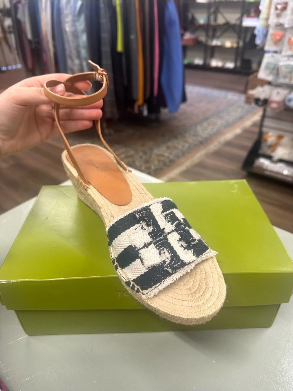 Tory Burch Ines platform wedge espadrille sandals striped navy size 10.5